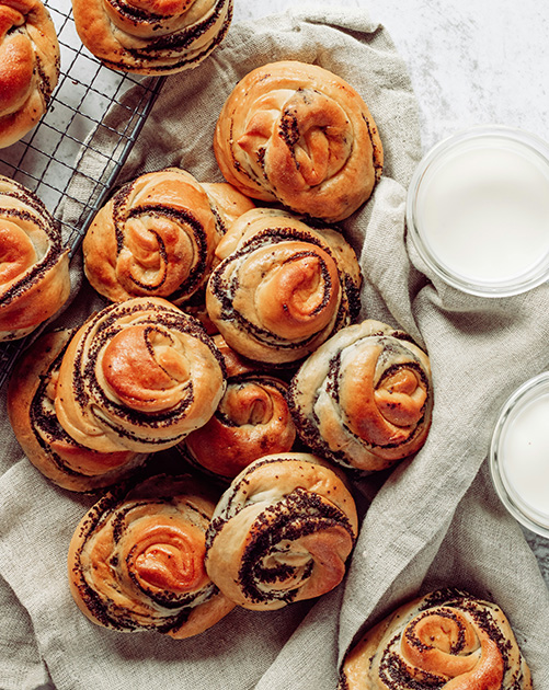 Freshly baked batch of cinnamon rolls